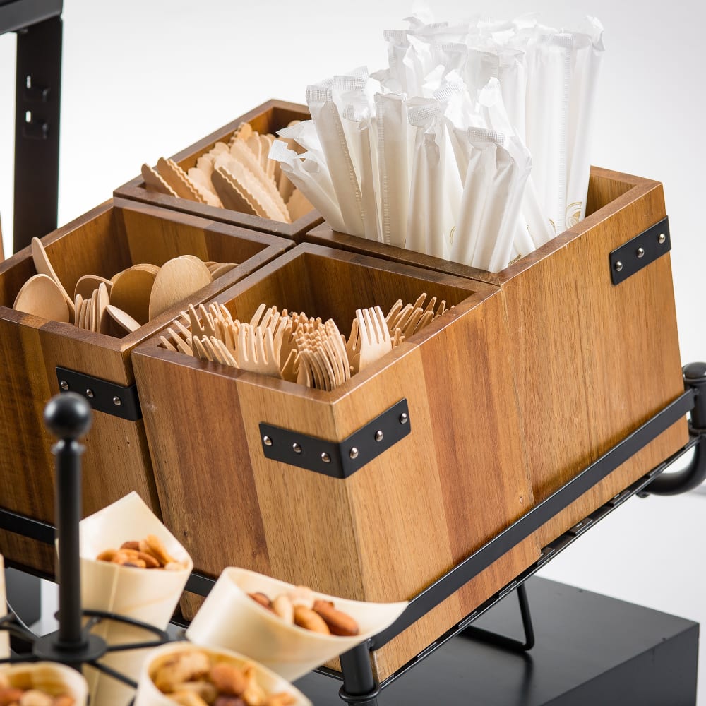 Tablecraft 10074 Cutlery Holder - 5 1/4"L x 5 1/4"W x 6"H, Acacia Wood/Metal