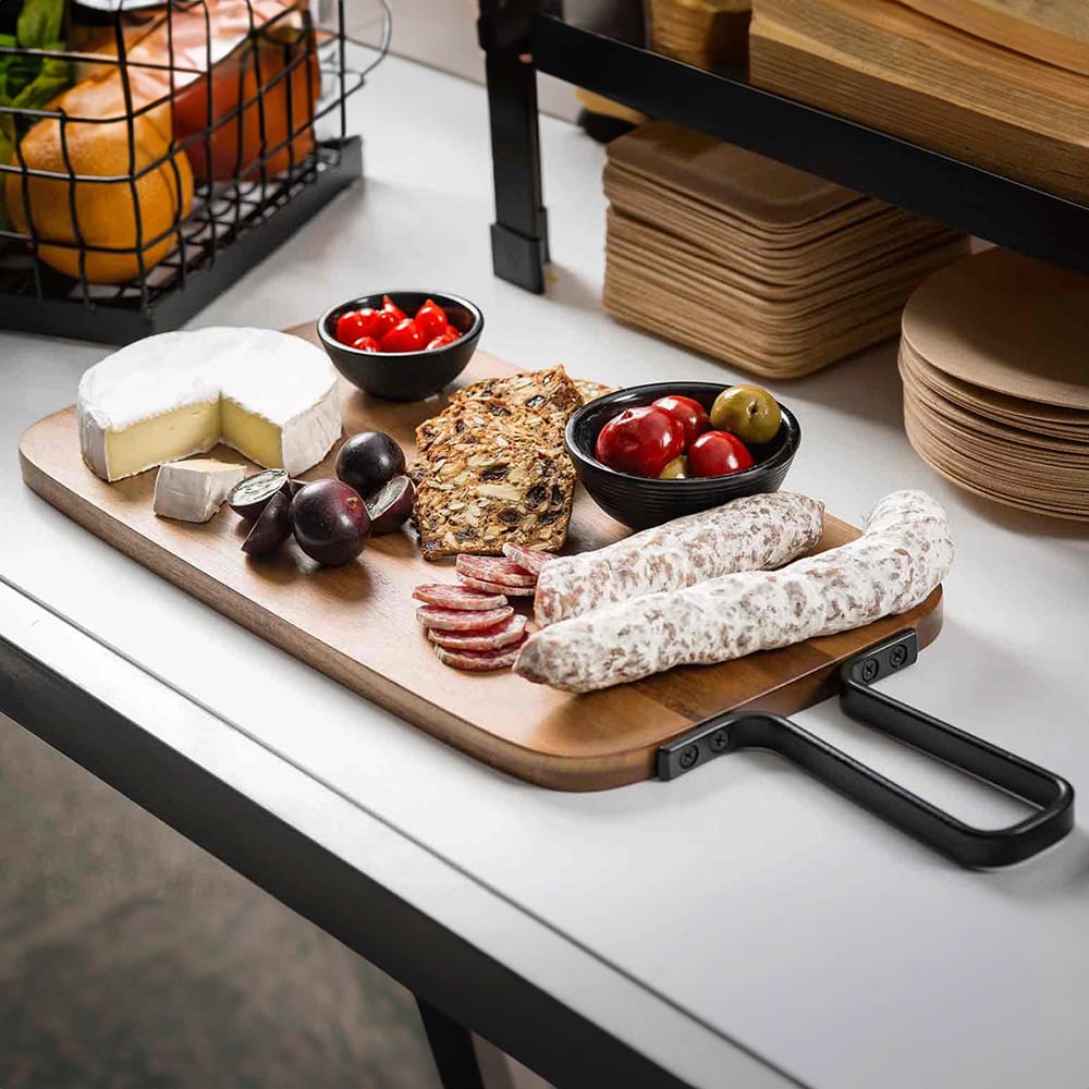 Tablecraft 10077 Rectangular Serving Paddle w/ Handle - 12 1/8" x 7 1/4", Acacia Wood/Metal