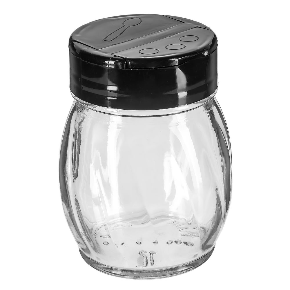 Tablecraft 10327 6 oz Shaker w/ Flip Top Plastic Lid - Glass, Black