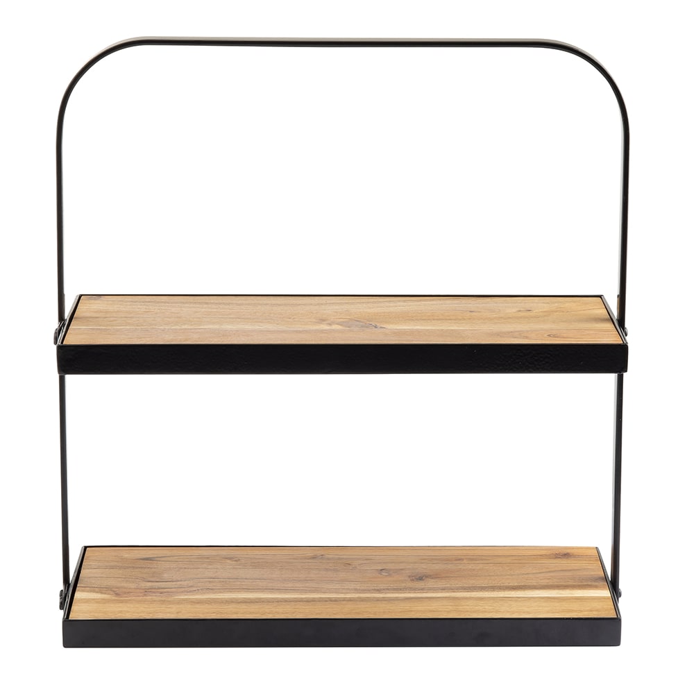 Tablecraft 10718 2 Tier Display Stand - 17 3/10"L x 8"W x 18"H, Acacia Wood/Black Metal Frame