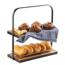 Tablecraft 10718 2 Tier Display Stand - 17 3/10"L x 8"W x 18"H, Acacia Wood/Black Metal Frame thumbnail 4