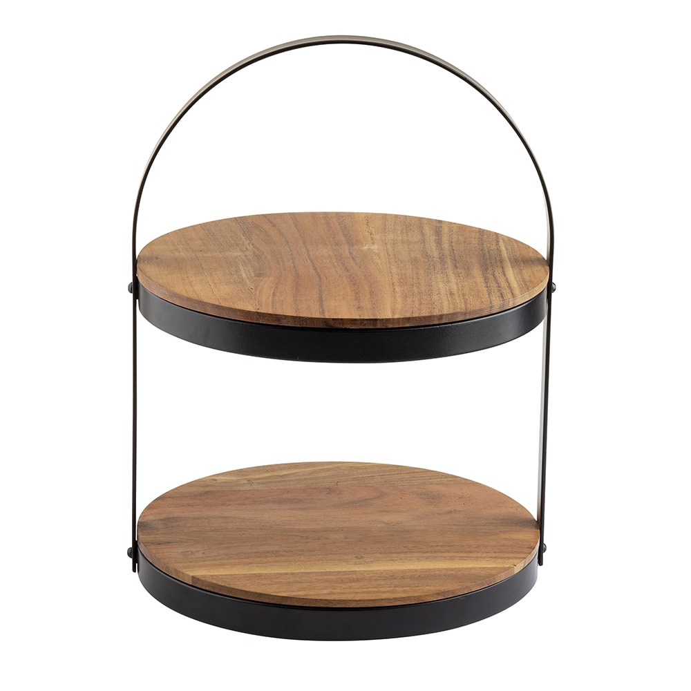 Tablecraft 10719 2 Tier Round Display Stand - 12"D x 16"H, Acacia Wood/Black Metal Frame