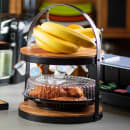 Tablecraft 10719 2 Tier Round Display Stand - 12"D x 16"H, Acacia Wood/Black Metal Frame thumbnail 4