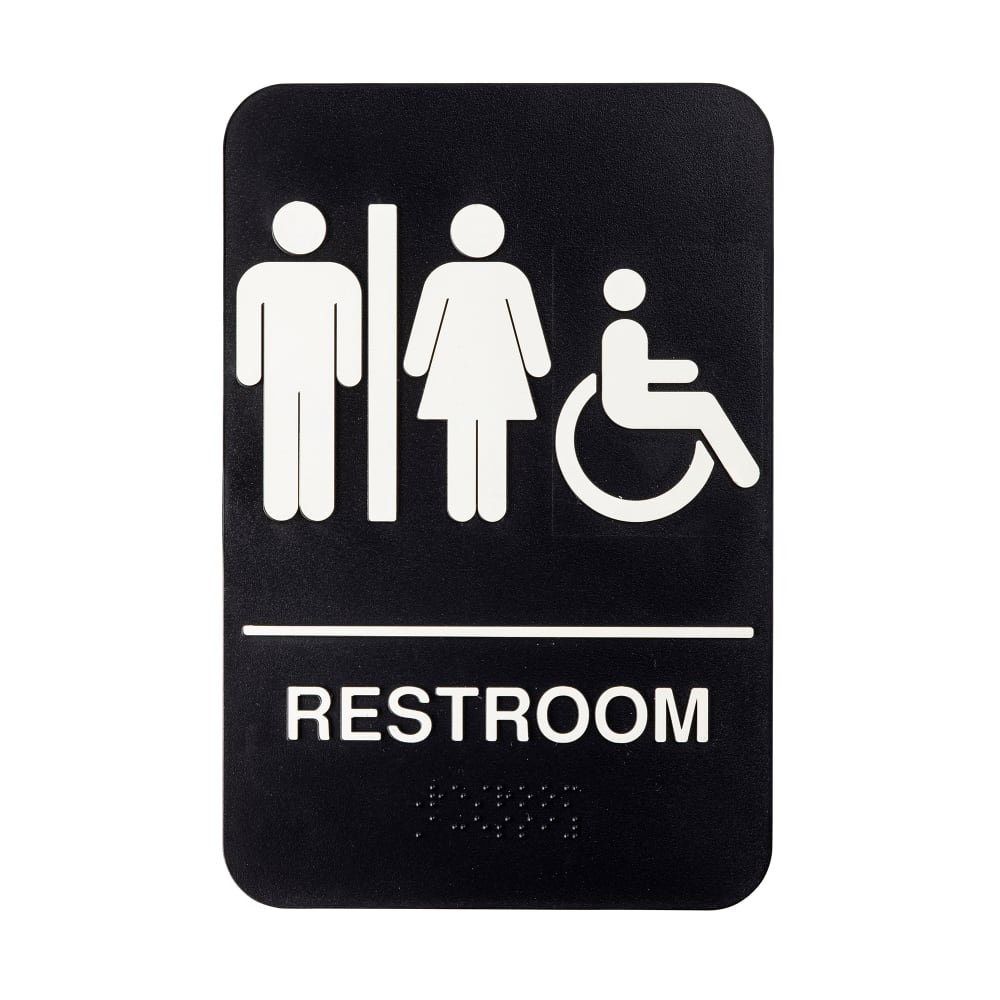 Tablecraft 11676 6" x 9" Restroom/Accessible Sign - Braille, White on Black
