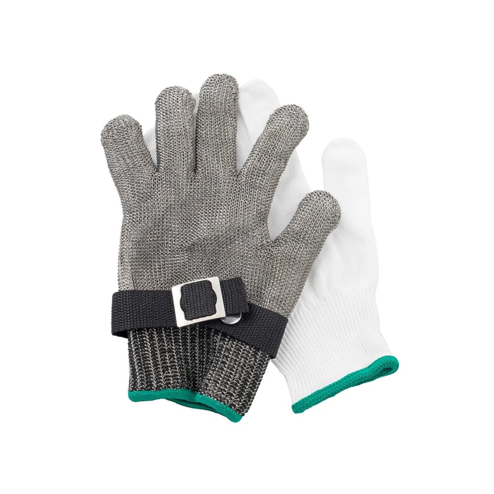 Tablecraft 11738 Medium Cut Resistant Glove - Stainless Steel, Gray w/ Green Wrist Band