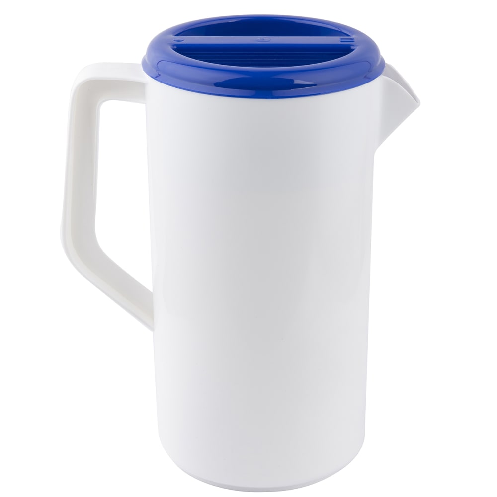 Tablecraft 144W 80 oz Plastic Pitcher w/ Blue Lid, White