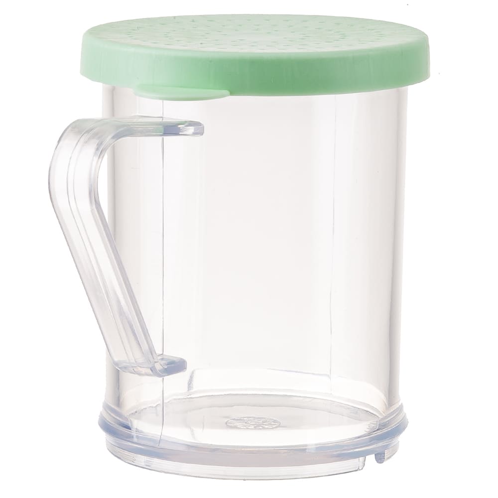 Tablecraft 166B 10 oz Dredge/Shaker w/ Handle & Green Fine Lid, Polycarbonate