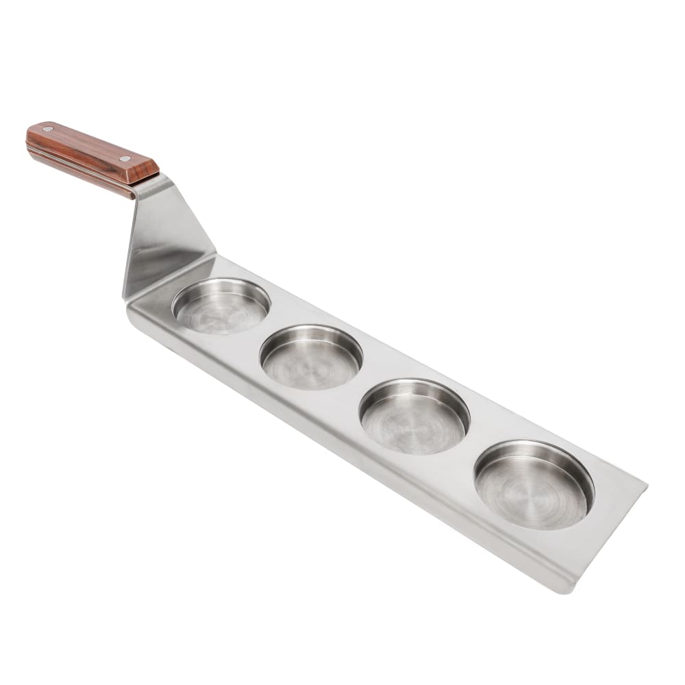 Tablecraft 20002 4 Well Spatula Style Flight Board w/ Brown Handle - 16" x 3 1/2", Stainless Steel