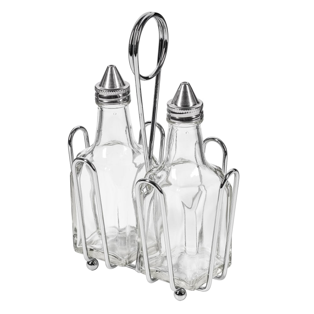 Tablecraft 600ST 6 oz Cruet Set w/ Chrome Rack & Stainless Steel Tops - Glass, Clear