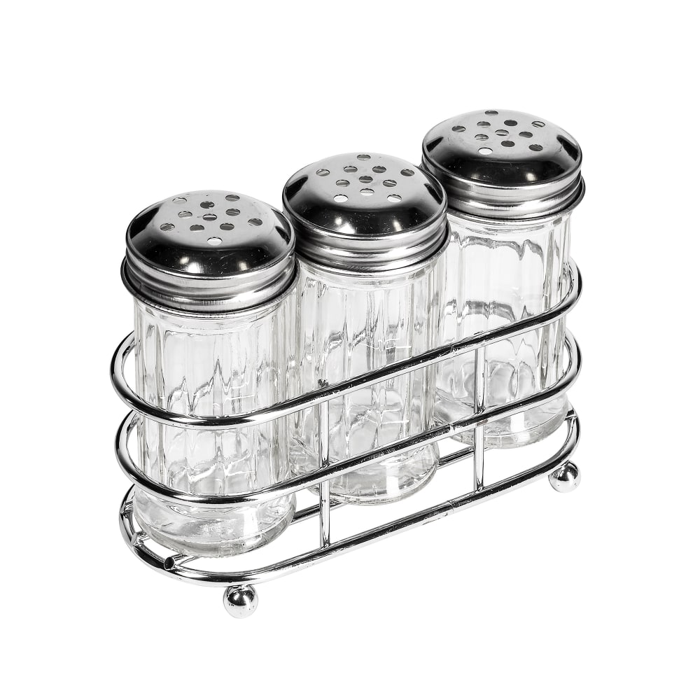 Tablecraft 659N 2 oz Fluted Shaker Set w/ Rack, Stainless Steel Tops