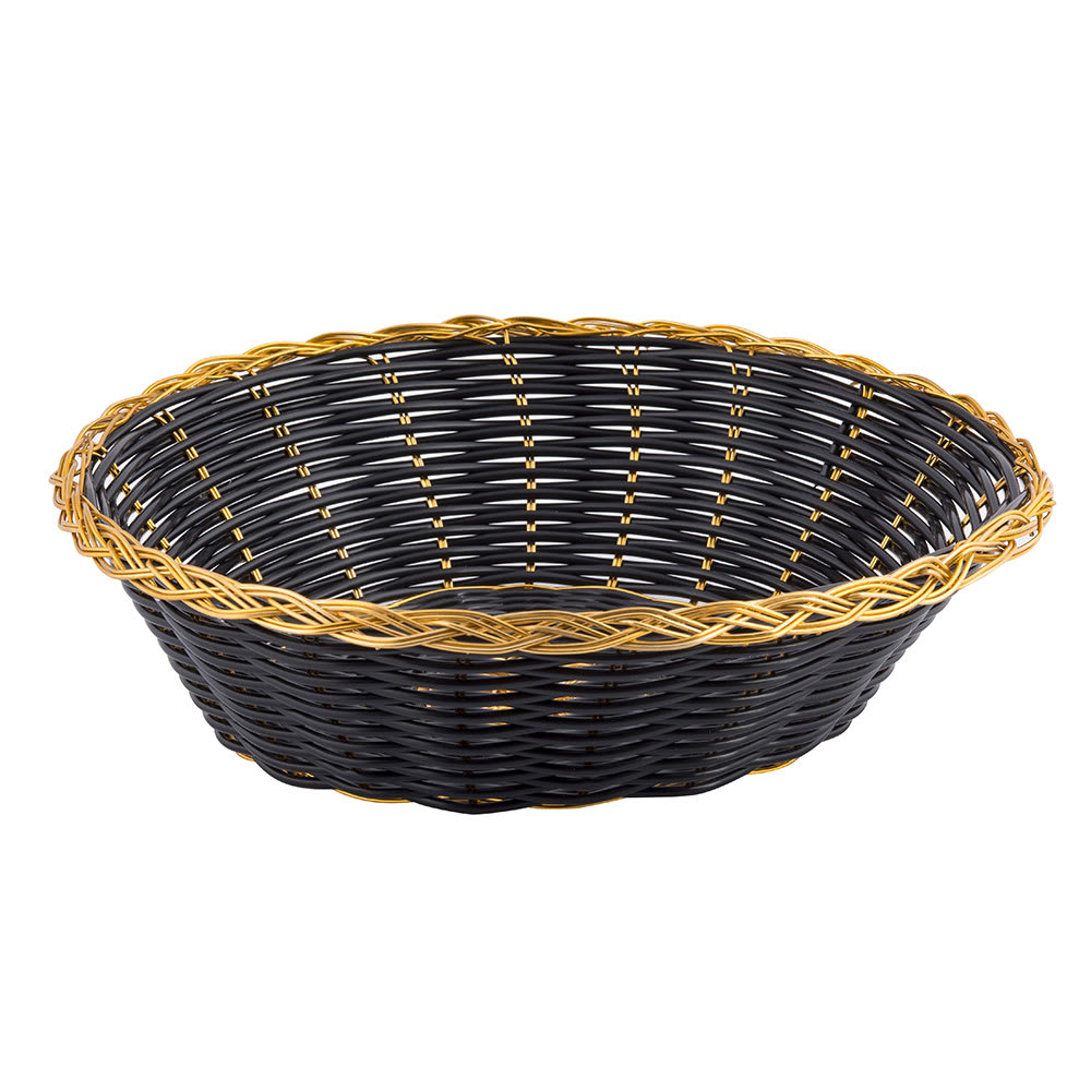 Tablecraft 875B Round Handwoven Basket, 8 x 2 1/4", Black Vinyl w/ Gold Trim