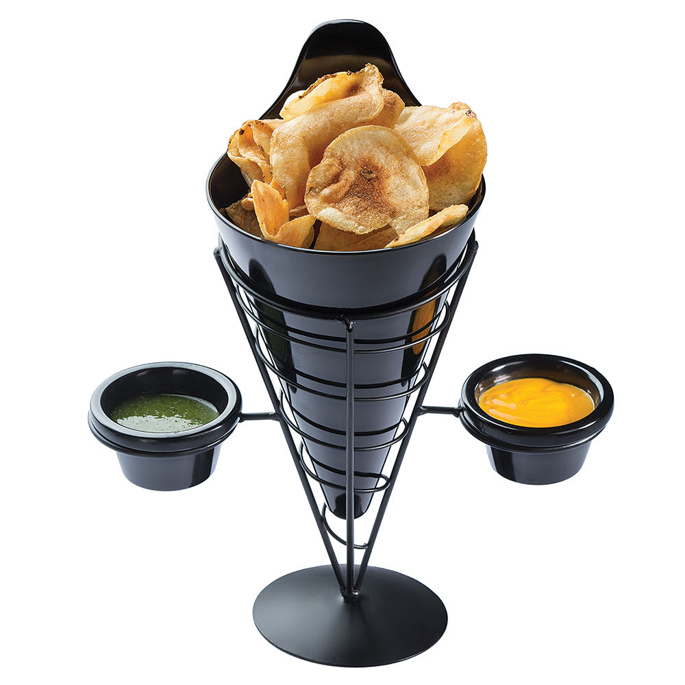 Tablecraft ACR259 Vertigo Collection Appetizer Cone Holder w/ 2 Ramekins, 5" x 9", Black Metal