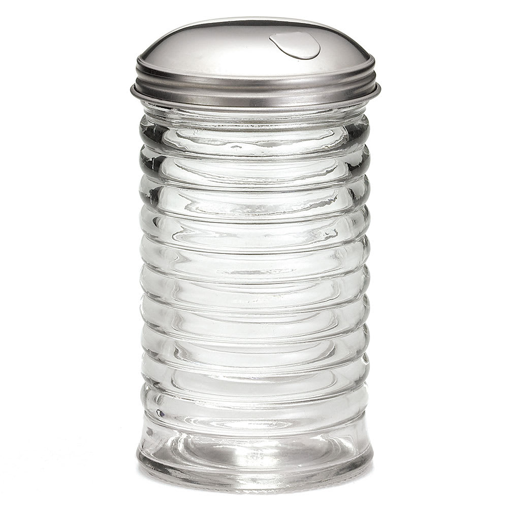 Tablecraft BH857 12 oz Glass Sugar Pourer w/ Side Flap Stainless Steel Top