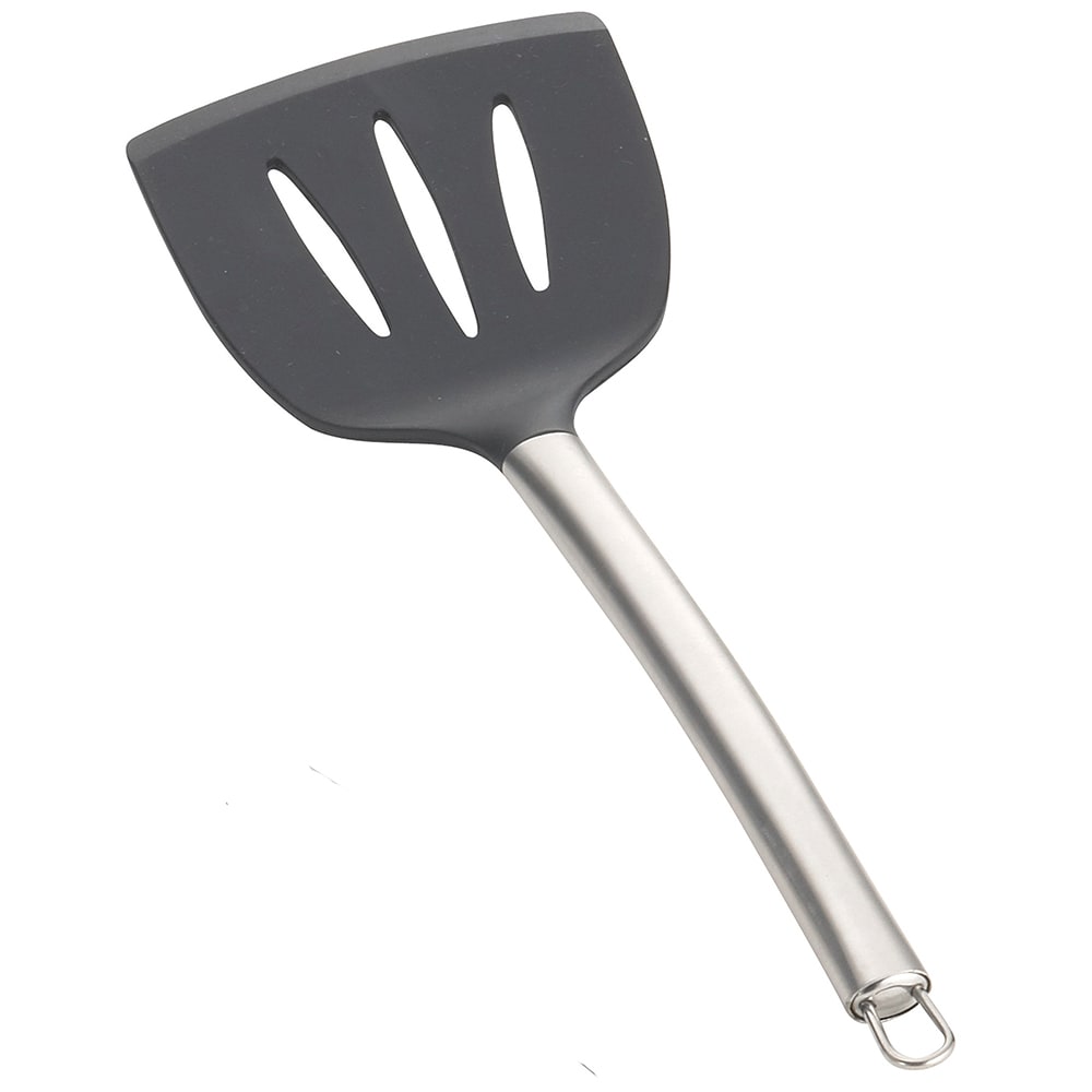Tablecraft CW403 14" Slotted Serving Spatula w/ Black Silicone Head & Stainless Steel Handle