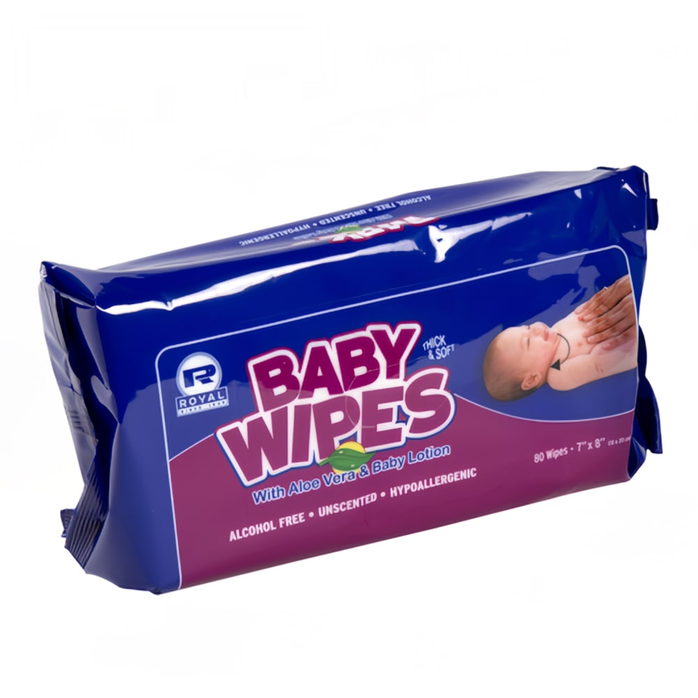 AmerCareRoyal Baby Wipes w/ Aloe & Lotion - 7" x 8", Unscented, Alcohol Free (RPBWUR-80)