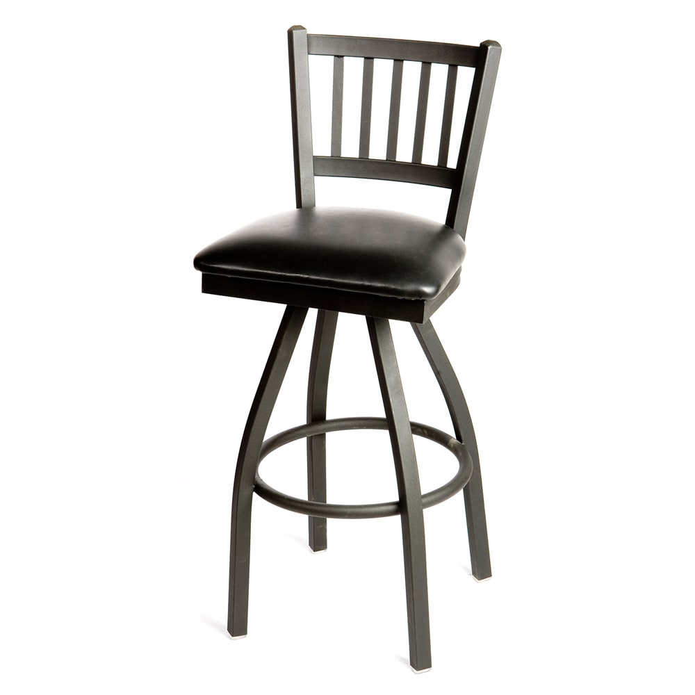 Oak Street Swivel Bar Stool w/ Metal Vertical Back & Black Vinyl Seat, Black (SL2090-S BLK)