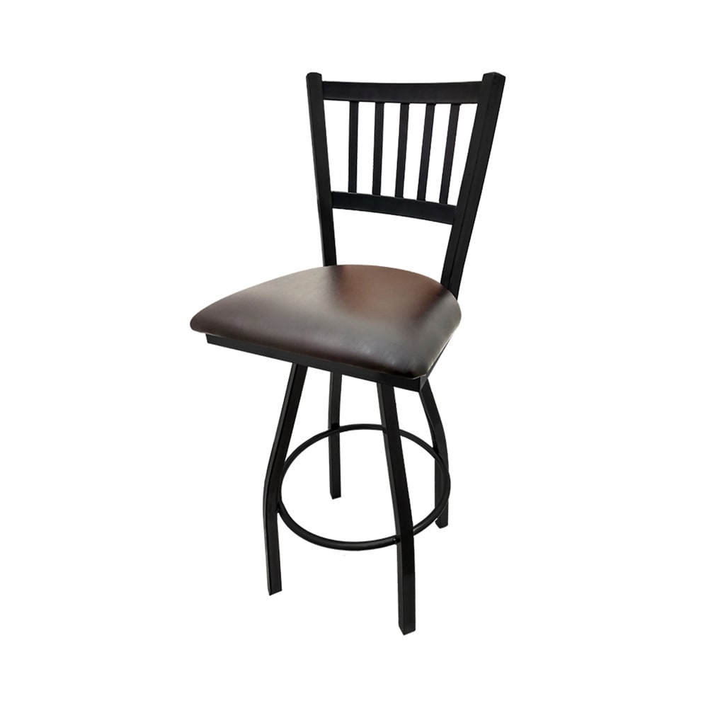 Oak Street Swivel Bar Stool w/ Metal Vertical Back & Espresso Vinyl Seat, Black (SL2090-S ESP)