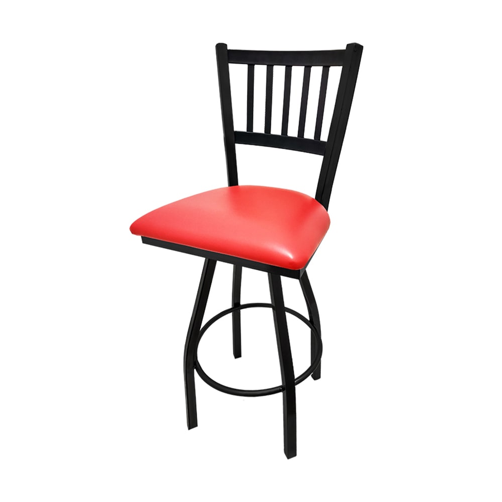 Oak Street Swivel Bar Stool w/ Metal Vertical Back & Red Vinyl Seat, Black (SL2090-S RED)
