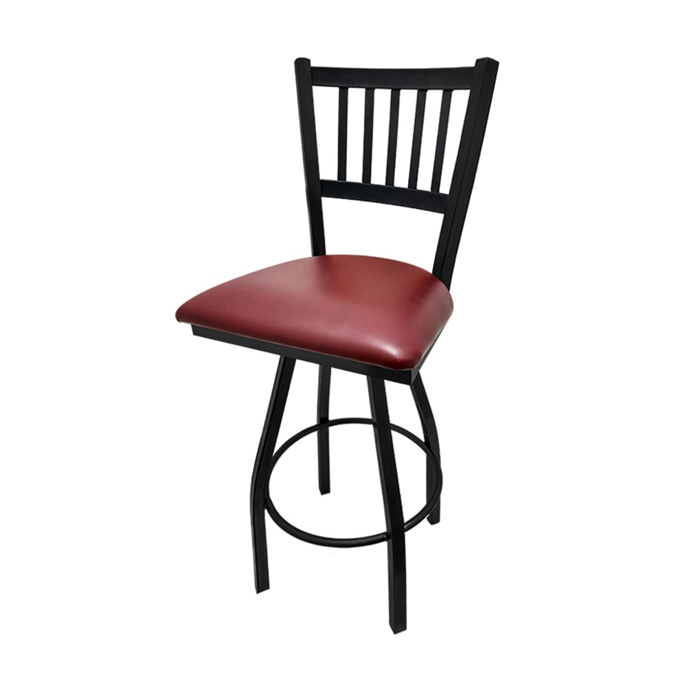 Oak Street Swivel Bar Stool w/ Metal Vertical Back & Wine Vinyl Seat, Black (SL2090-S WINE)
