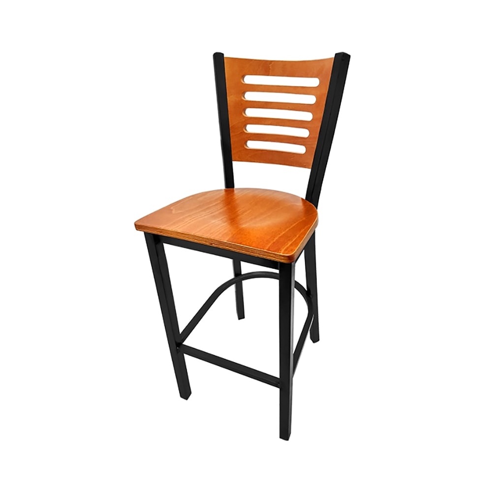 Oak Street Bar Stool w/ 5 Line Wood Back & Wood Seat, Black Metal (SL2150-1-5 BLK)