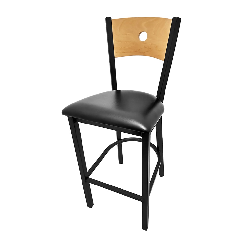 Oak Street Bar Stool w/ Bullseye Wood Back & Black Vinyl Seat, Black Metal (SL2150-1-B BLK)