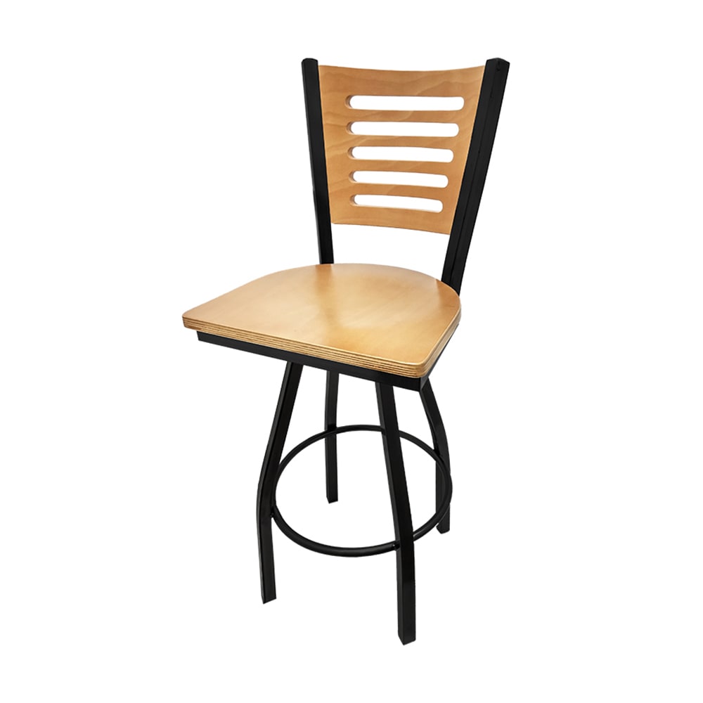 Oak Street Swivel Bar Stool w/ 5 Line Wood Back & Wood Seat, Black Metal (SL2150-1S-5 BLK)