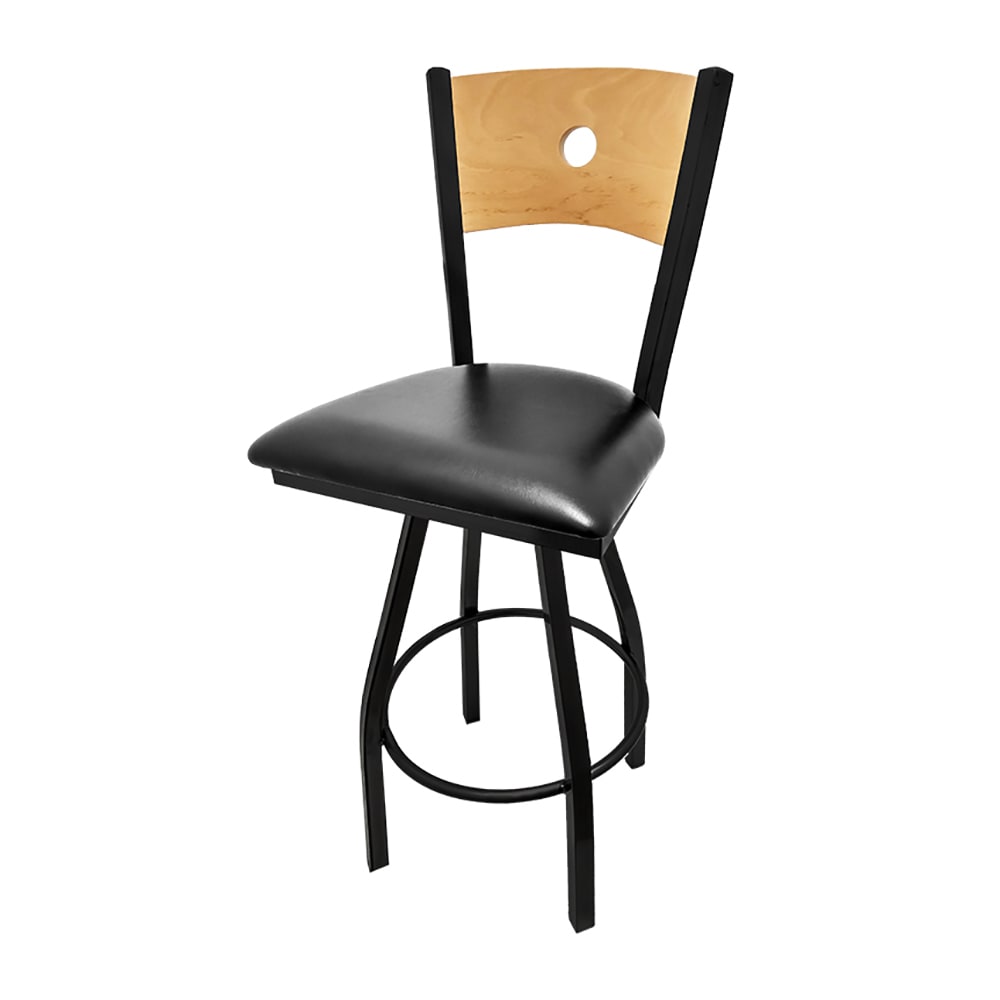 Oak Street Swivel Bar Stool w/ Bullseye Wood Back & Black Vinyl Seat, Black Metal (SL2150-1S-B BLK)