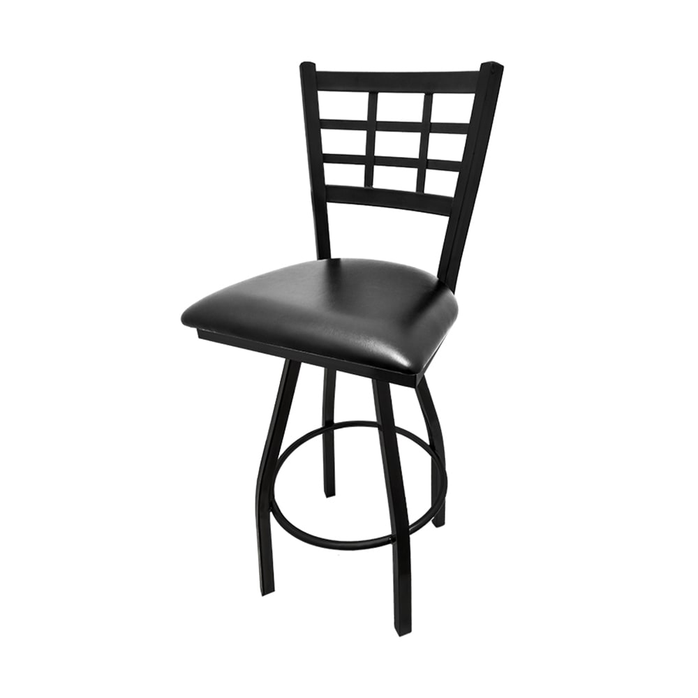 Oak Street Swivel Bar Stool w/ Metal Window Pane Back & Black Vinyl Seat, Black (SL2163-S BLK)
