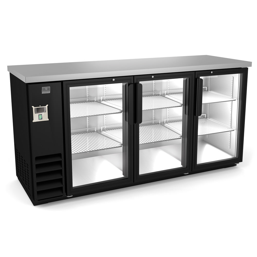 Kelvinator Commercial KCHBB72G 73" Bar Refrigerator - 3 Swinging Glass Doors, Black, 115v