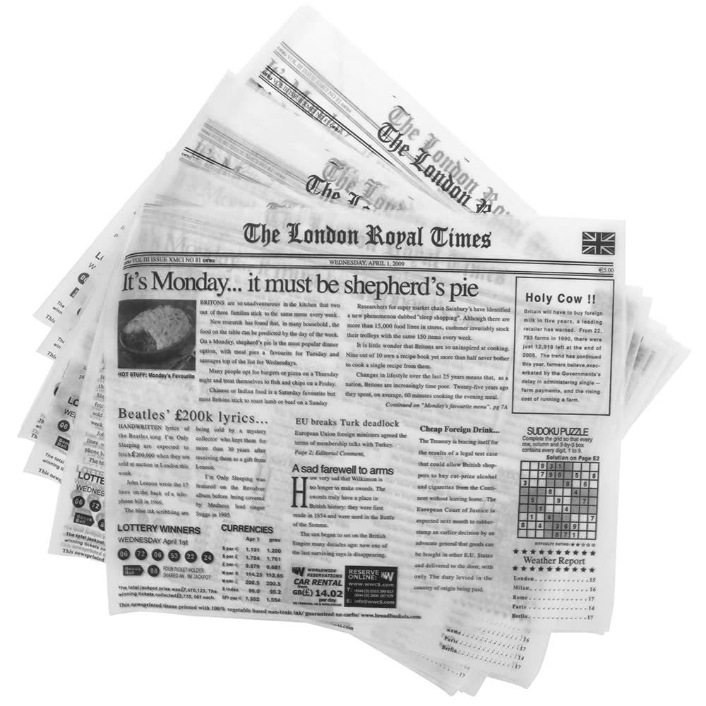 GET 12" Square Basket Liner Paper - London Newsprint, White (4-TL1215)