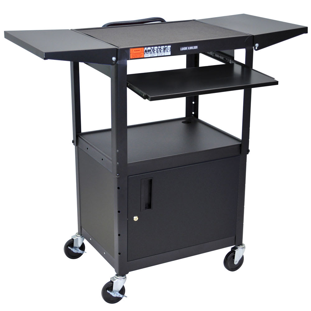 Luxor 42" Adjustable 2 Level A/V Cart w/ 300 lb Capacity & Locking Cabinet - Steel, Black (AVJ42KBCDL)