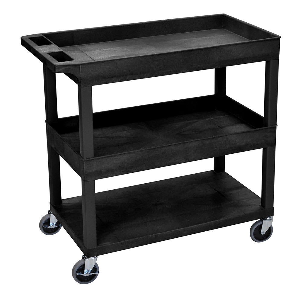 Luxor 3 Level Polymer Utility Cart w/ 400 lb Capacity - Raised Ledges, Black (EC112-B)