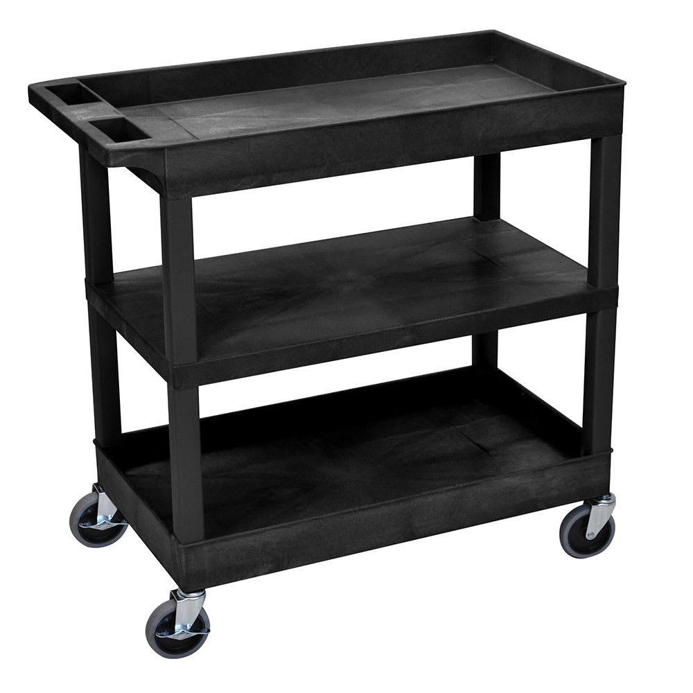 Luxor 3 Level Polymer Utility Cart w/ 400 lb Capacity - Raised Ledges, Black (EC121-B)