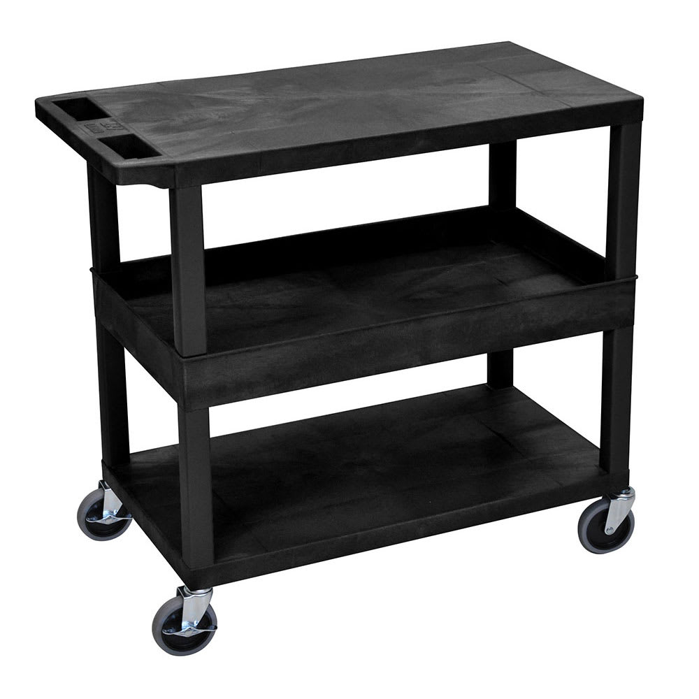 Luxor 3 Level Polymer Utility Cart w/ 400 lb Capacity - Raised Ledges, Black (EC212-B)