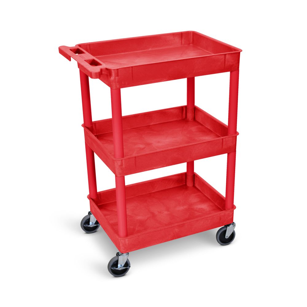 Luxor 3 Level Polymer Utility Cart w/ 300 lb Capacity - Raised Ledges, Red (RDSTC111RD)