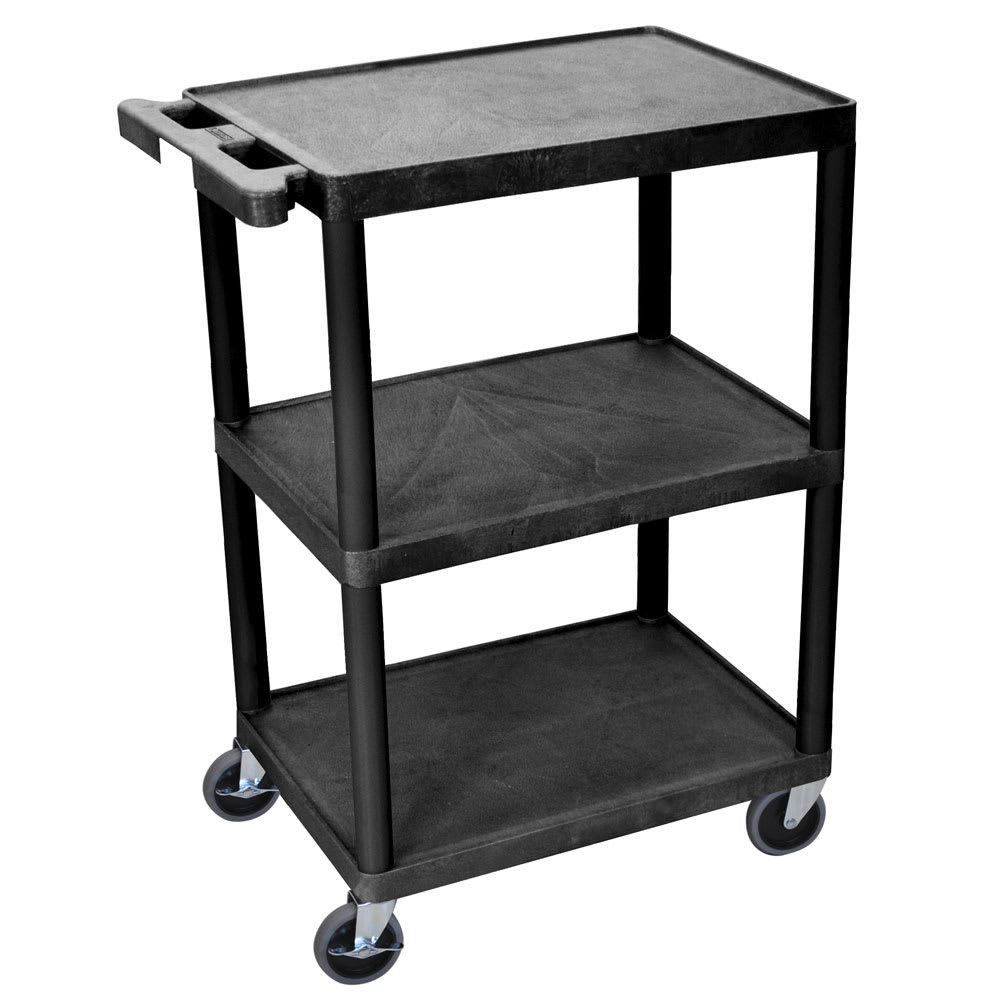 Luxor 3 Level Polymer Utility Cart w/ 300 lb Capacity - Raised Ledges, Black (STC222-B)