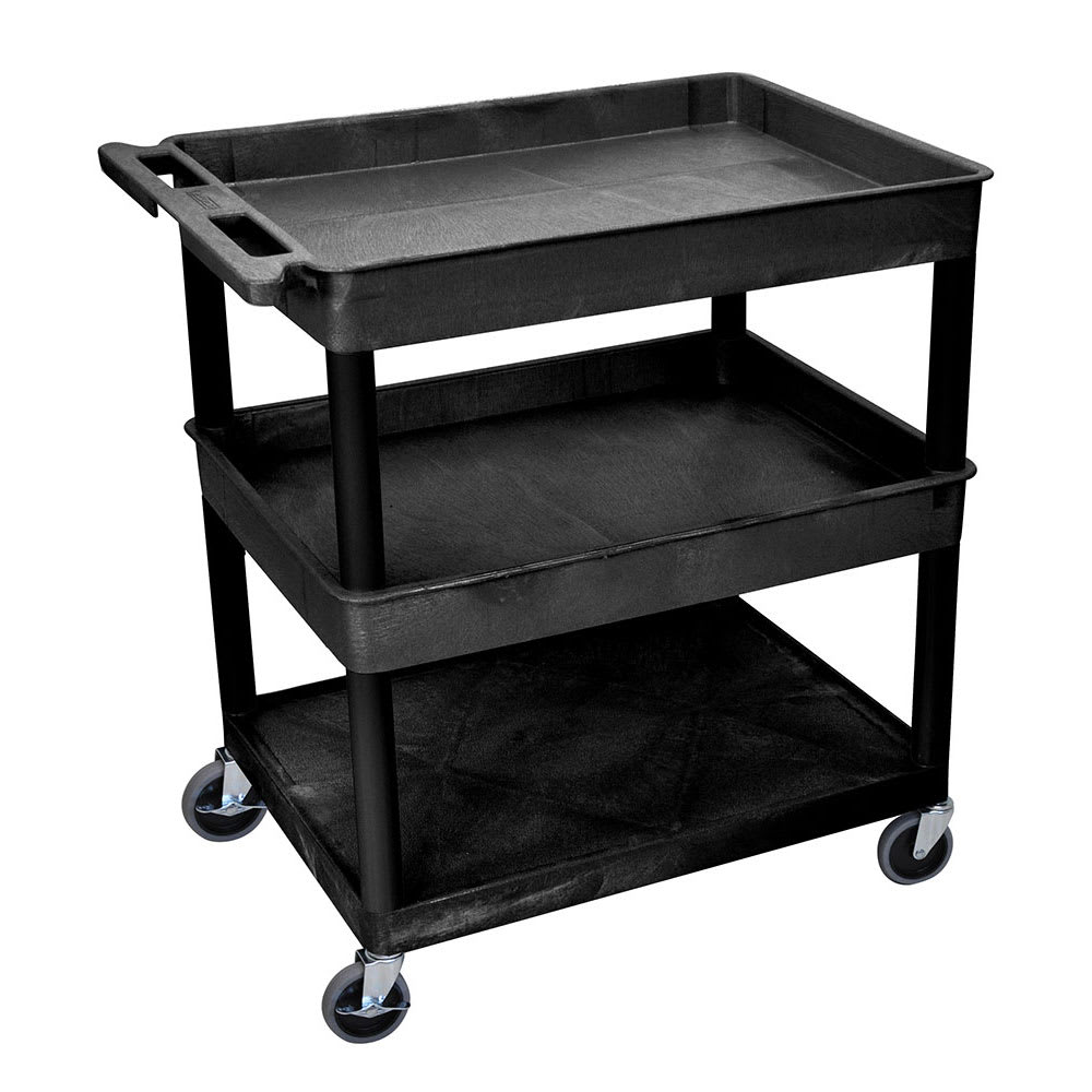 Luxor 3 Level Polymer Utility Cart w/ 400 lb Capacity - Raised Ledges, Black (TC112-B)