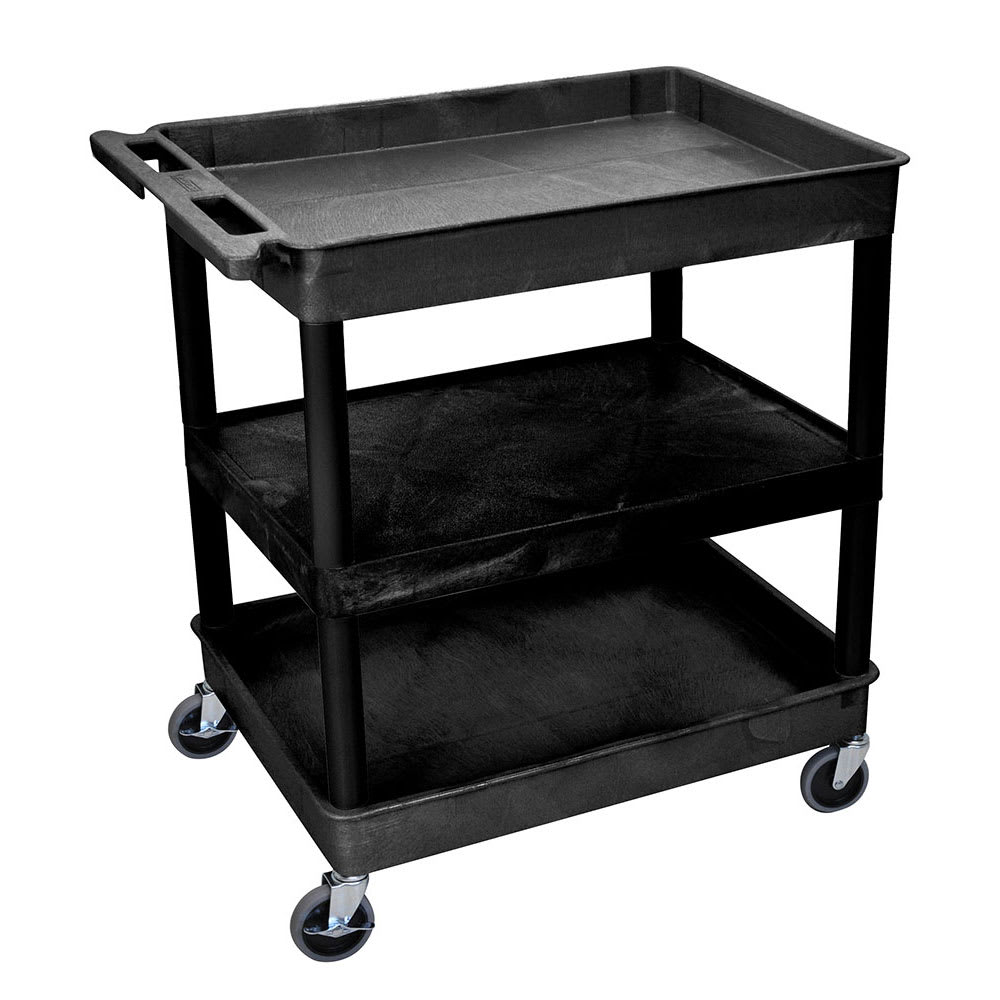 Luxor 3 Level Polymer Utility Cart w/ 400 lb Capacity - Raised Ledges, Black (TC121-B)