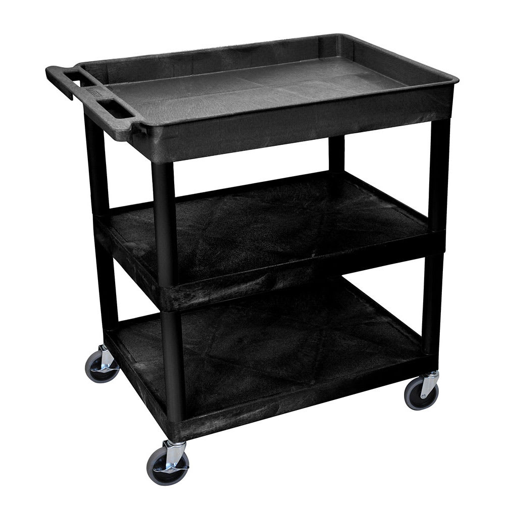 Luxor 3 Level Polymer Utility Cart w/ 400 lb Capacity - Raised Ledges, Black (TC122-B)