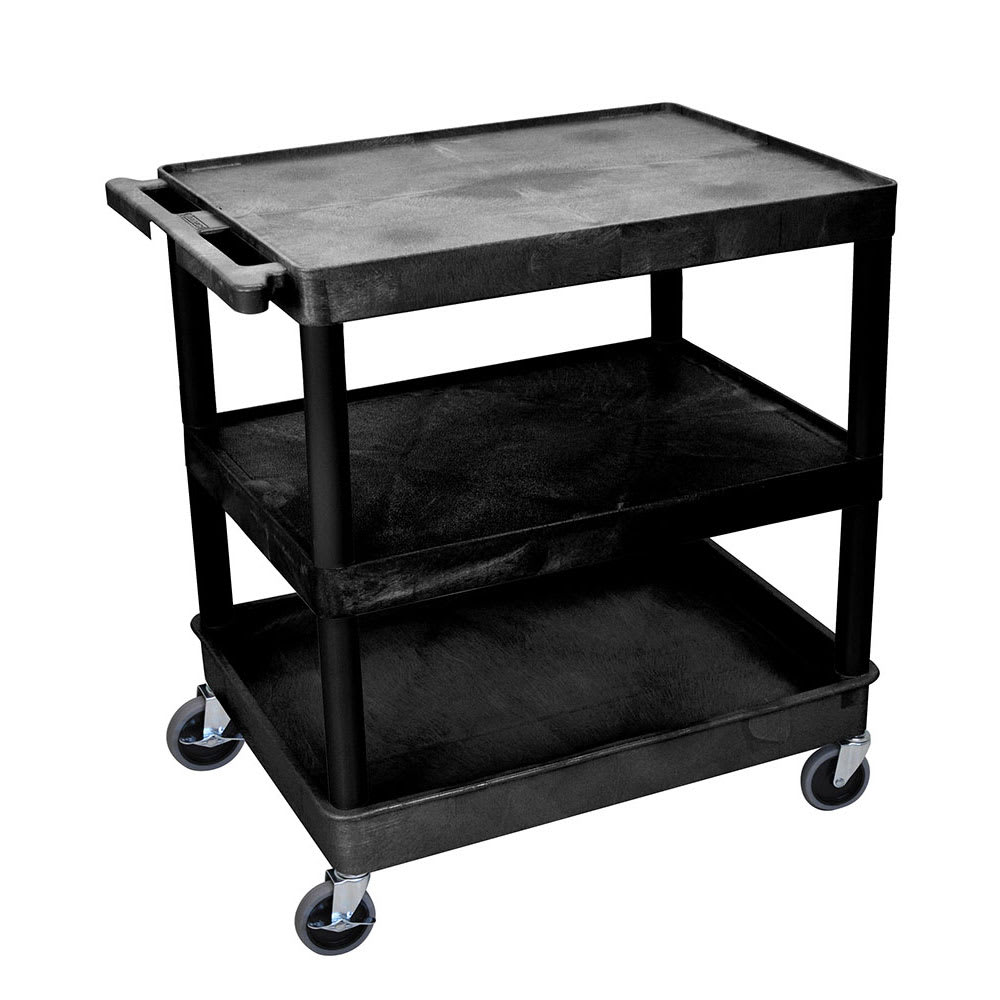 Luxor 3 Level Polymer Utility Cart w/ 400 lb Capacity - Raised Ledges, Black (TC221-B)