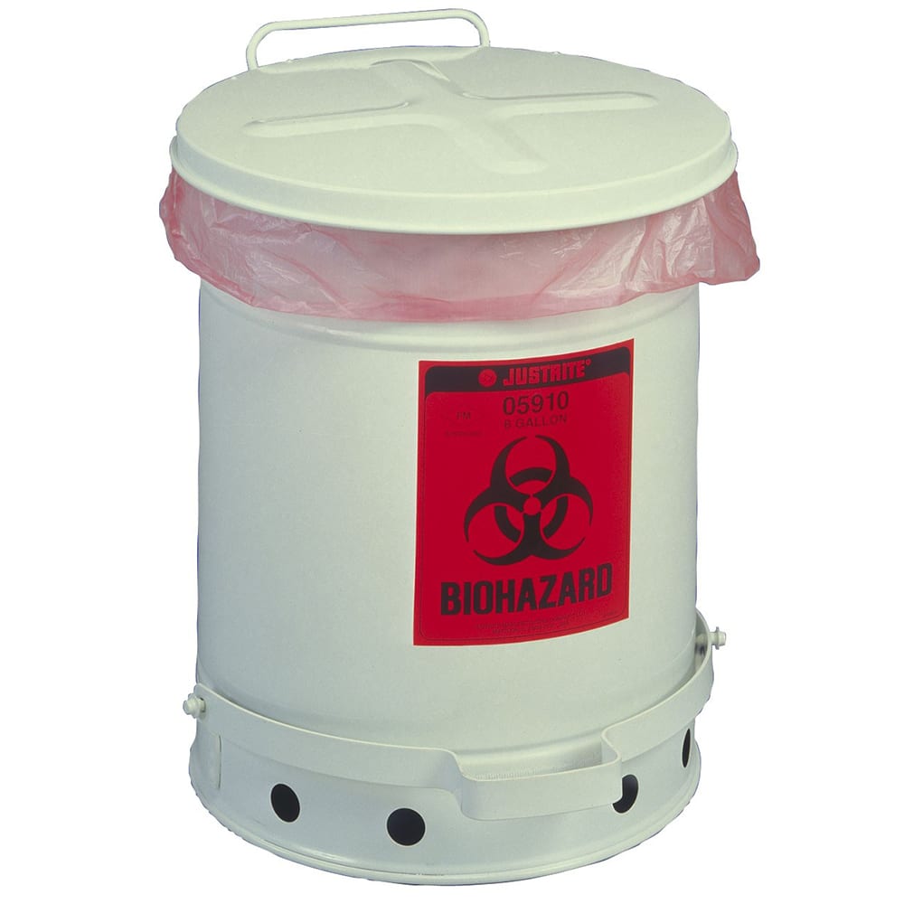 Justrite 05910 6 gal Biohazard Waste Can - Steel, White