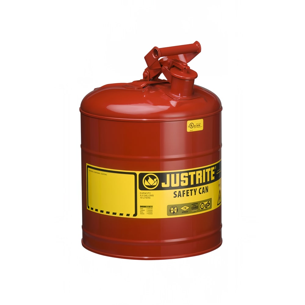 Justrite 7150100 5 gal Type I Safety Can for Flammables w/ Single Spout - Self Closing Lid, Steel, Red