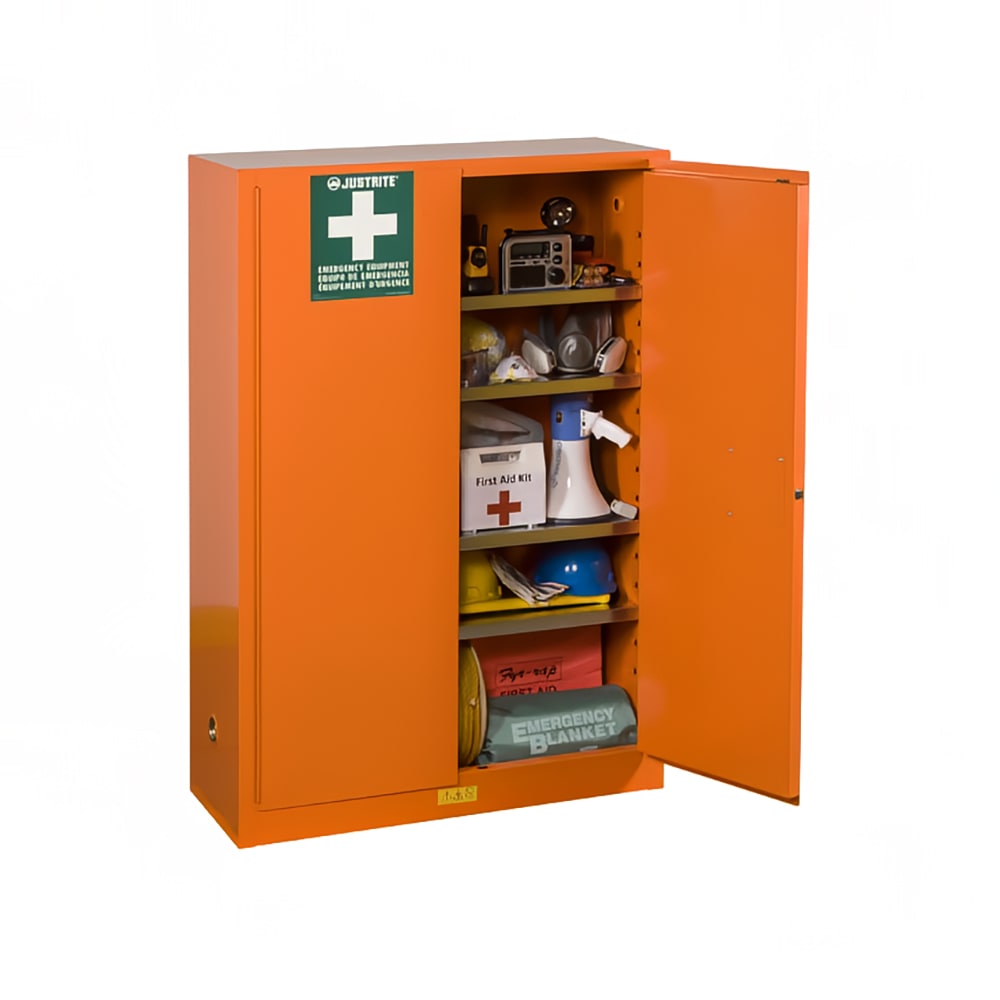 Justrite 860001 Emergency Preparedness Storage Cabinet w/ (4) Shelves - 43"W x 18"D x 65"H, Steel, Orange