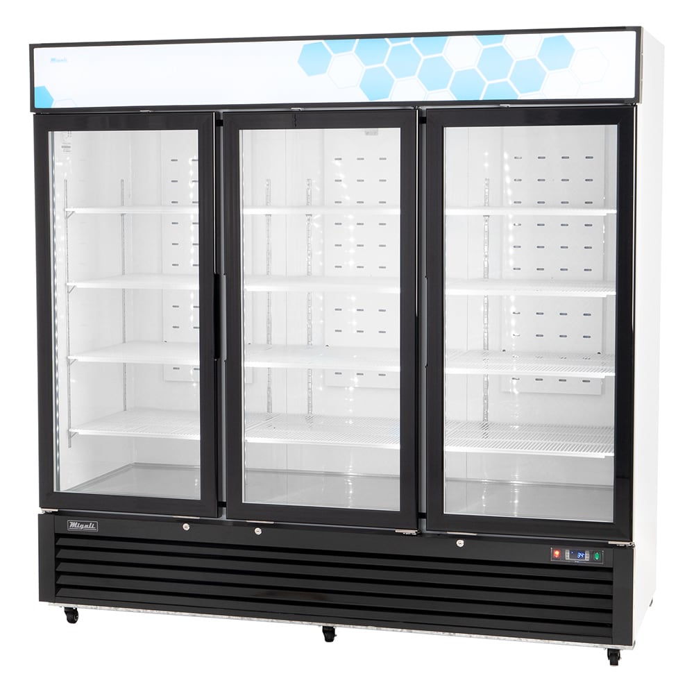 Migali C-72RM-HC 82" Competitor Series® Three Section Glass Door Merchandiser - 3 Left/Right Hinge Doors, White, 115v