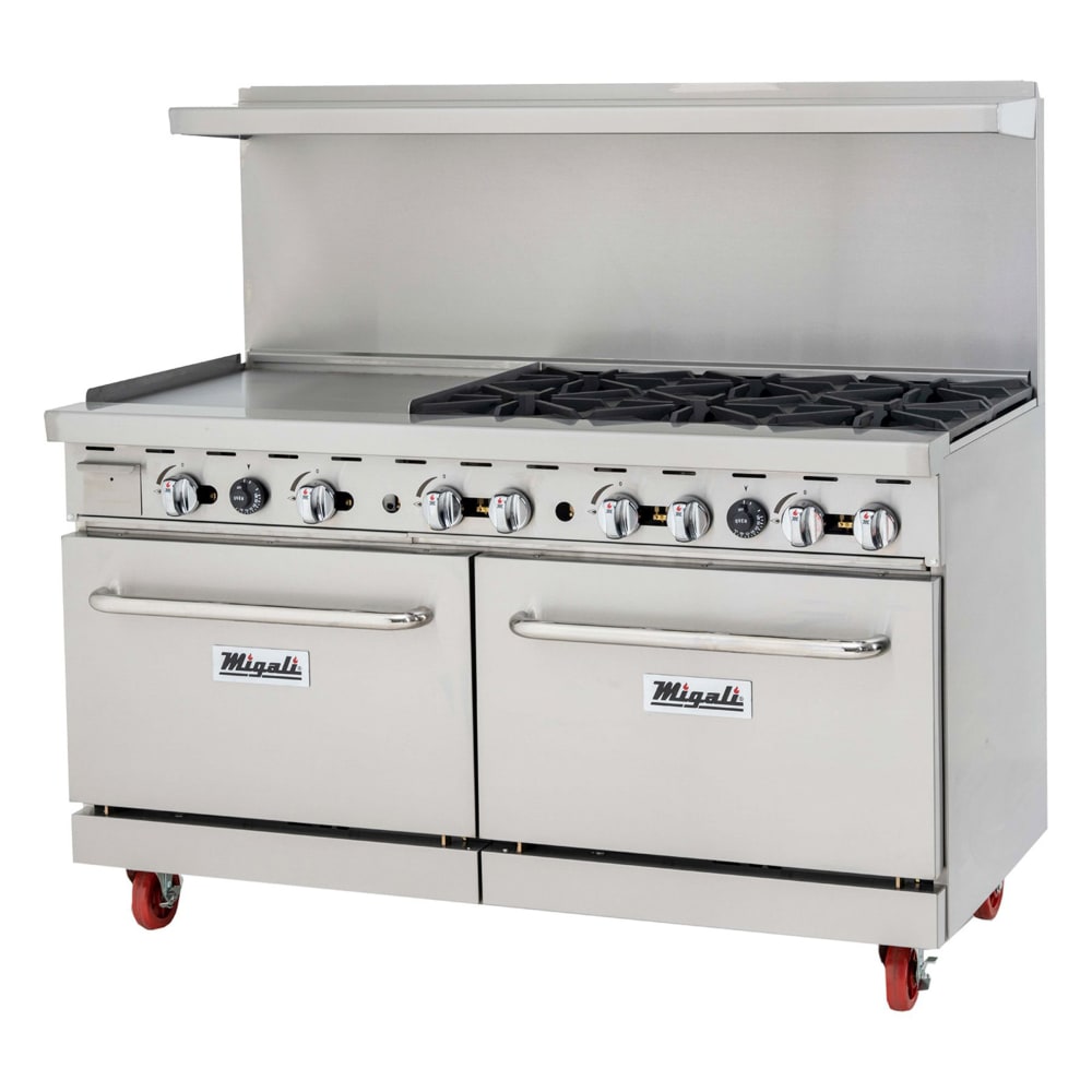 Migali C-RO6B-24GL-LP 60" 6 Burner Gas Range w/ Griddle & (2) Standard Ovens, Liquid Propane