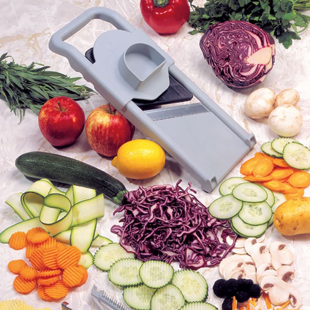 Matfer Bourgeat 215040 Mandoline Slicer w/ Pusher & Adjustable Thickness - Stainless Steel Blades, Composite Frame, Gray