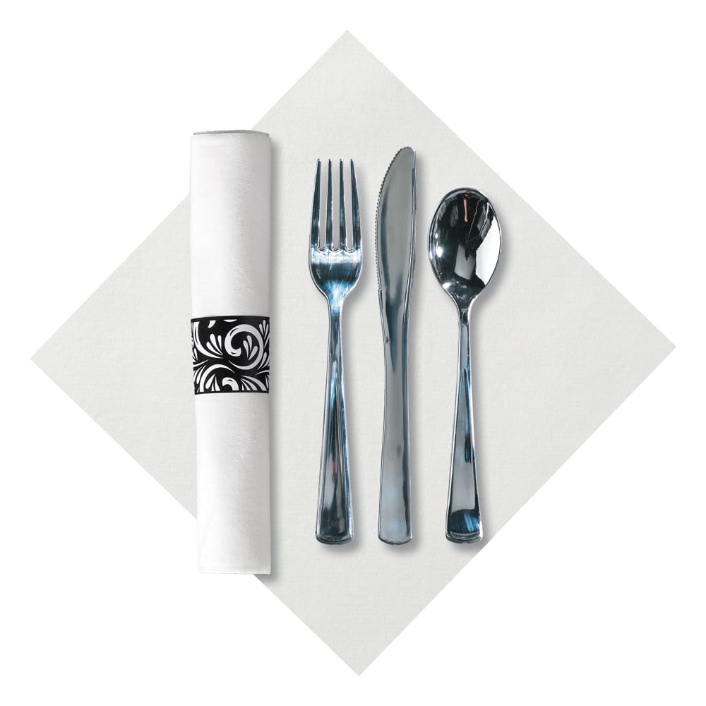 Hoffmaster CaterWrap® Linen-Like® Heavy Weight Disposable Cutlery Set - Plastic, Silver (119978)