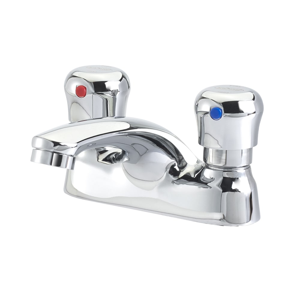 Krowne 14-530L Deck Mount Metering Faucet w/ 3 7/8" Cast Spout & Push Button Caps, 4" Centers