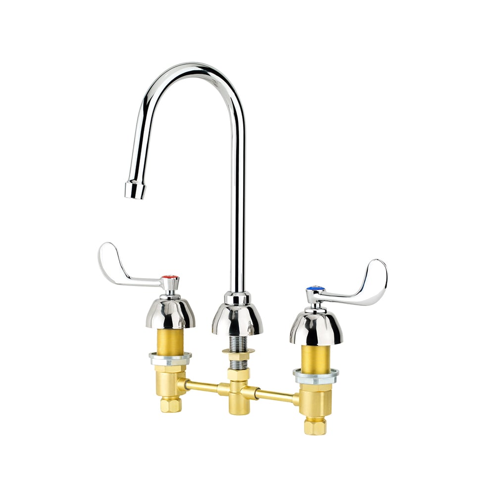 Krowne 14-840L Deck Mount Restroom Faucet w/ 5 3/4" Gooseneck Spout & Wrist Handles - 8" Centers, Chrome Plated