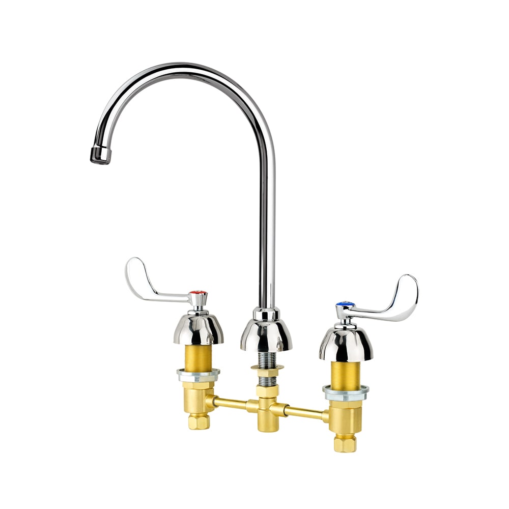 Krowne 14-841L Deck Mount Restroom Faucet w/ 8" Gooseneck Spout & Wristblade Handles - 8" Centers, Chrome Plated